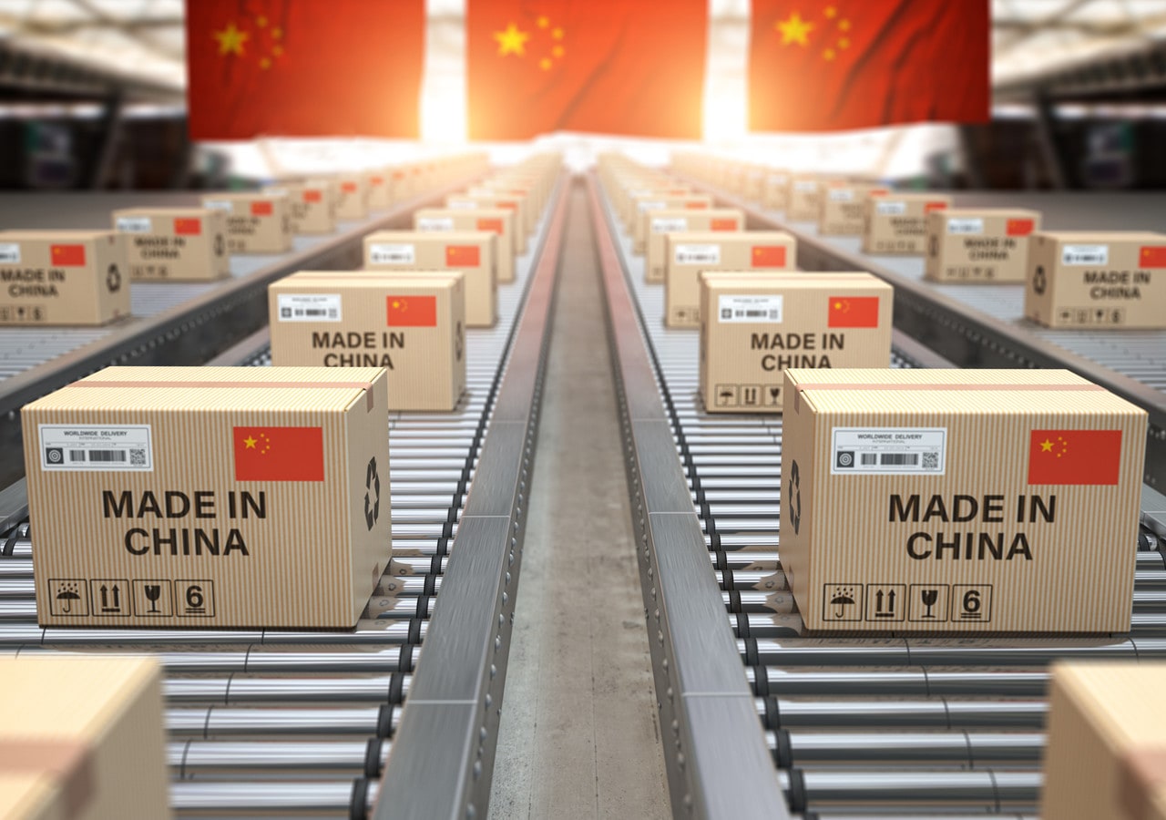 Made in China packages on conveyor belt